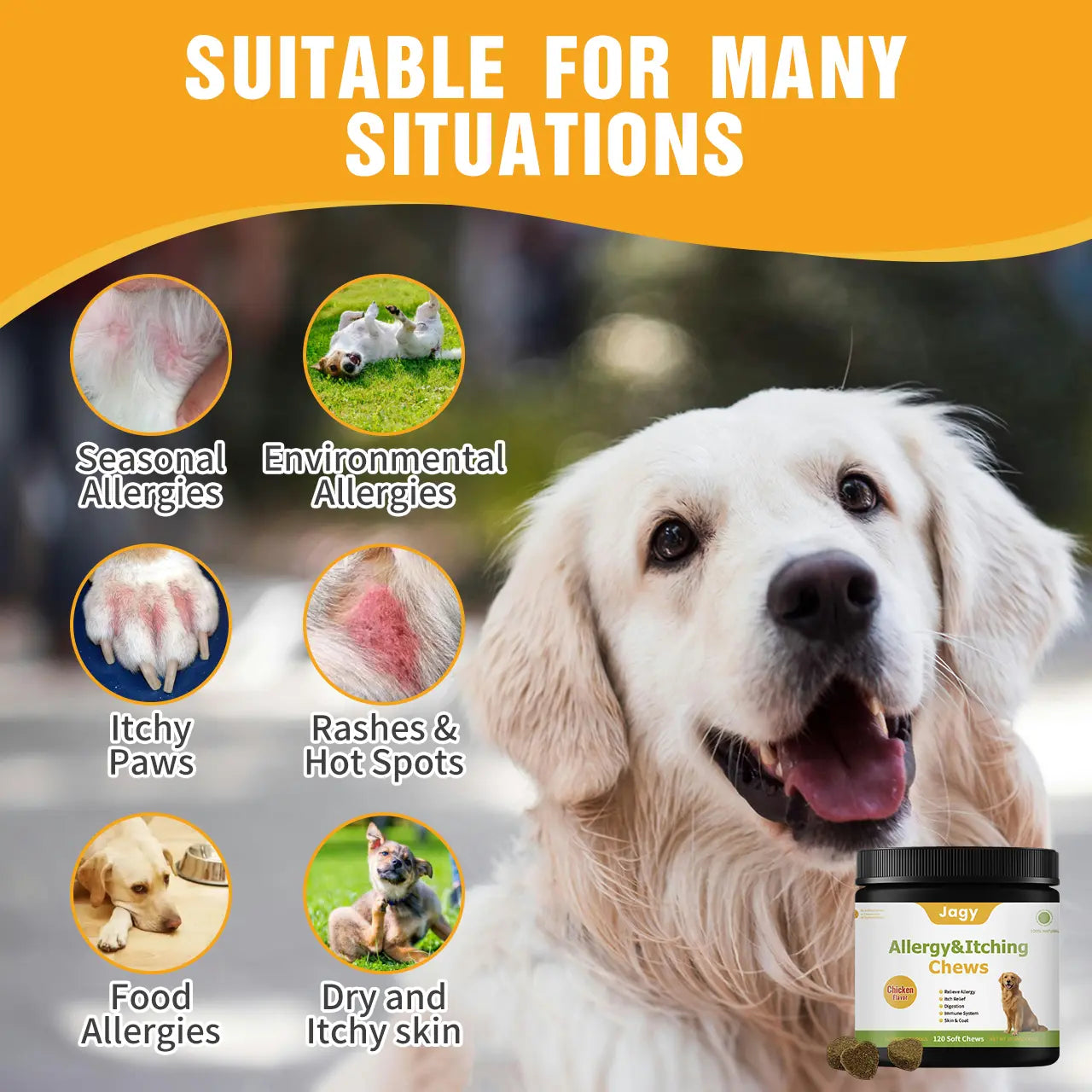 Jagy Omega-3 Allergy Relief Chews for Dogs - 120 Natural Fish Oil Treats for Itchy Skin, Hot Spots, and Shedding with Advanced Skin & Coat Vitamins for Optimal Pet Health