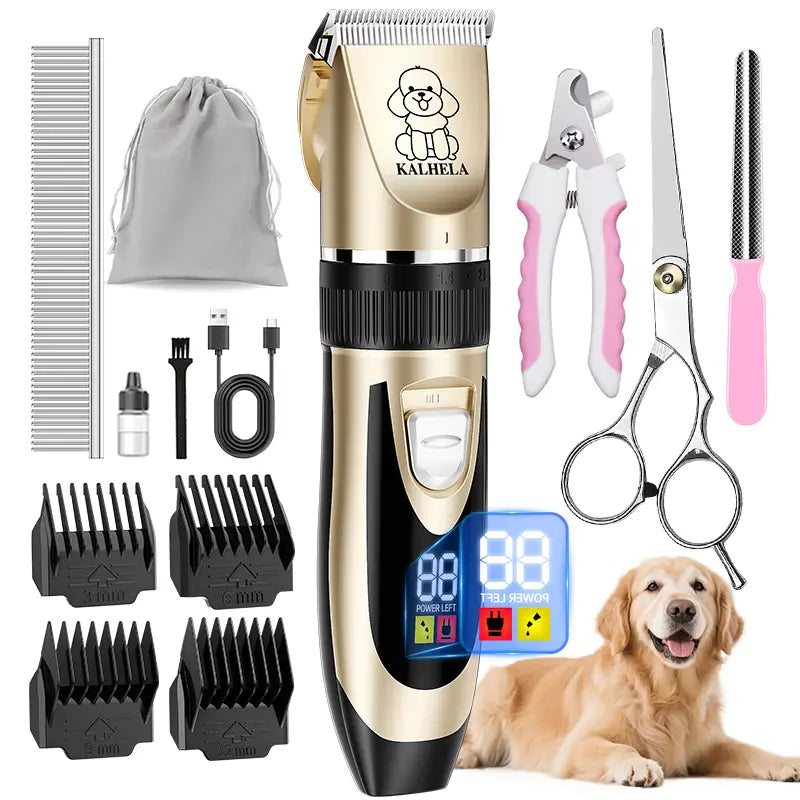 KALHELA Professional Dog Clippers with Low Noise Technology and LCD Digital Display - Rechargeable Cordless Grooming Kit for Small and Large Dogs and Cats