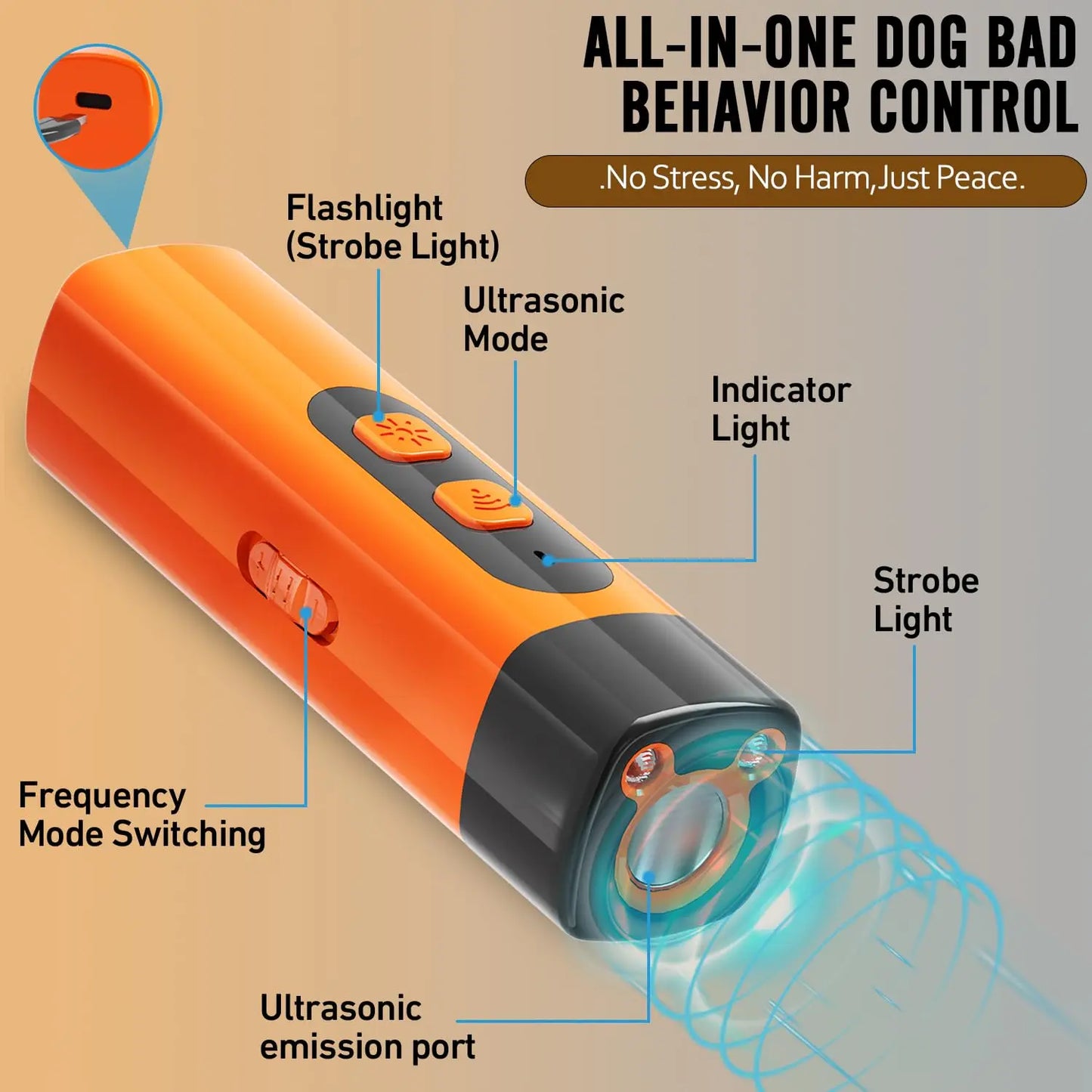Rechargeable Sonic Dog Bark Deterrent - 25kHz Frequency Transmitter for Safe Anti-Bark Training, 50ft Range, Indoor/Outdoor Use