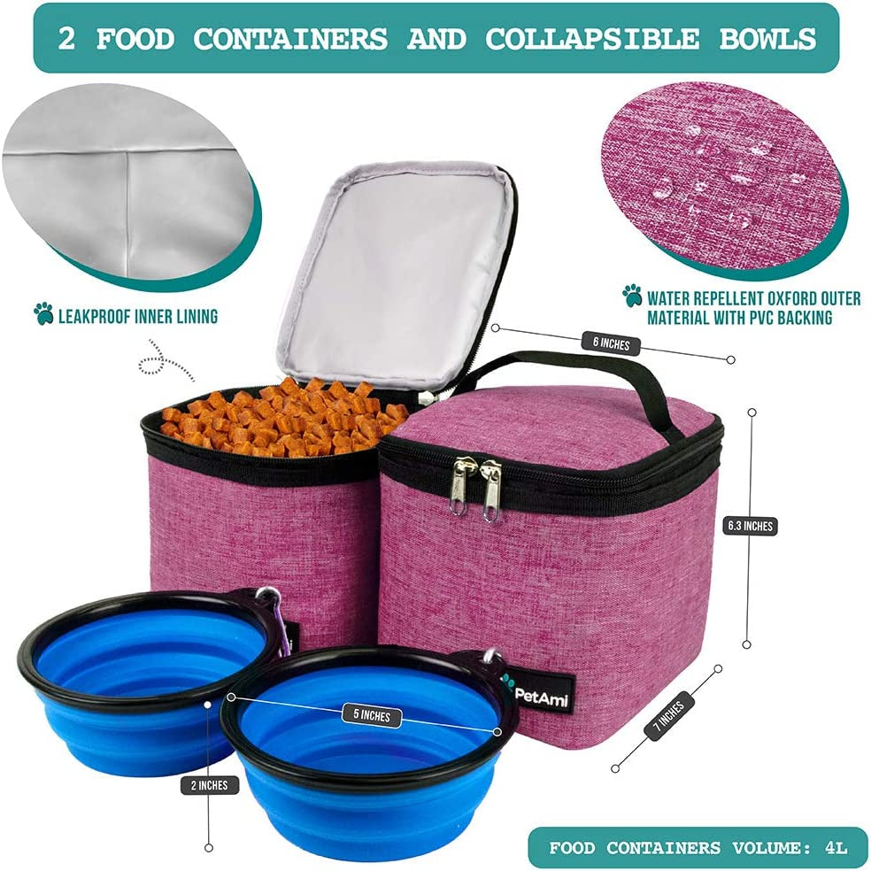 Dog Travel Backpack - Airline Approved Pet Carrier with Diaper Bag Supplies, Camping and Hiking Accessories, Includes Food Container and Collapsible Bowls, Pink