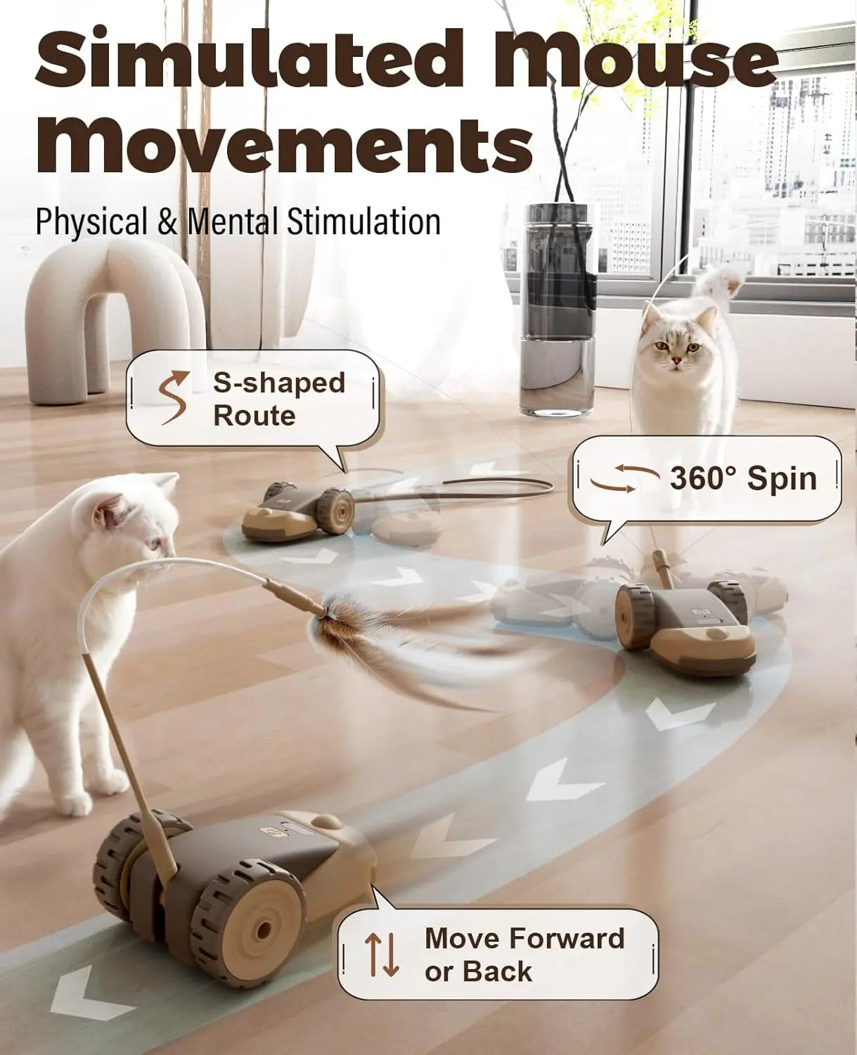 3-in-1 Interactive Cat Toy with Automatic Moving Mouse, Two-Speed Settings, Hanging Feather Ribbons, and Wiggly Silicone Tail for Indoor Cats and Kittens
