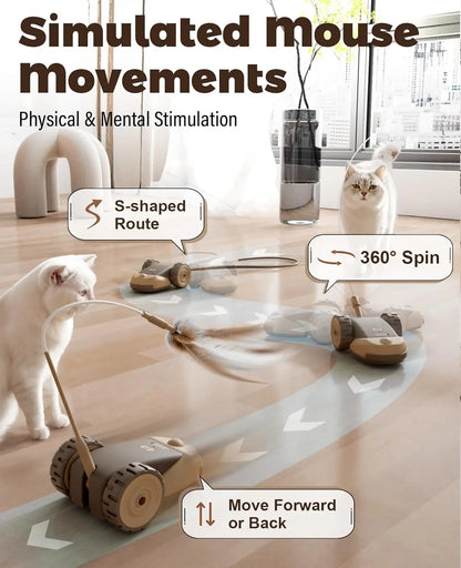 3-in-1 Interactive Cat Toy with Automatic Moving Mouse, Two-Speed Settings, Hanging Feather Ribbons, and Wiggly Silicone Tail for Indoor Cats and Kittens