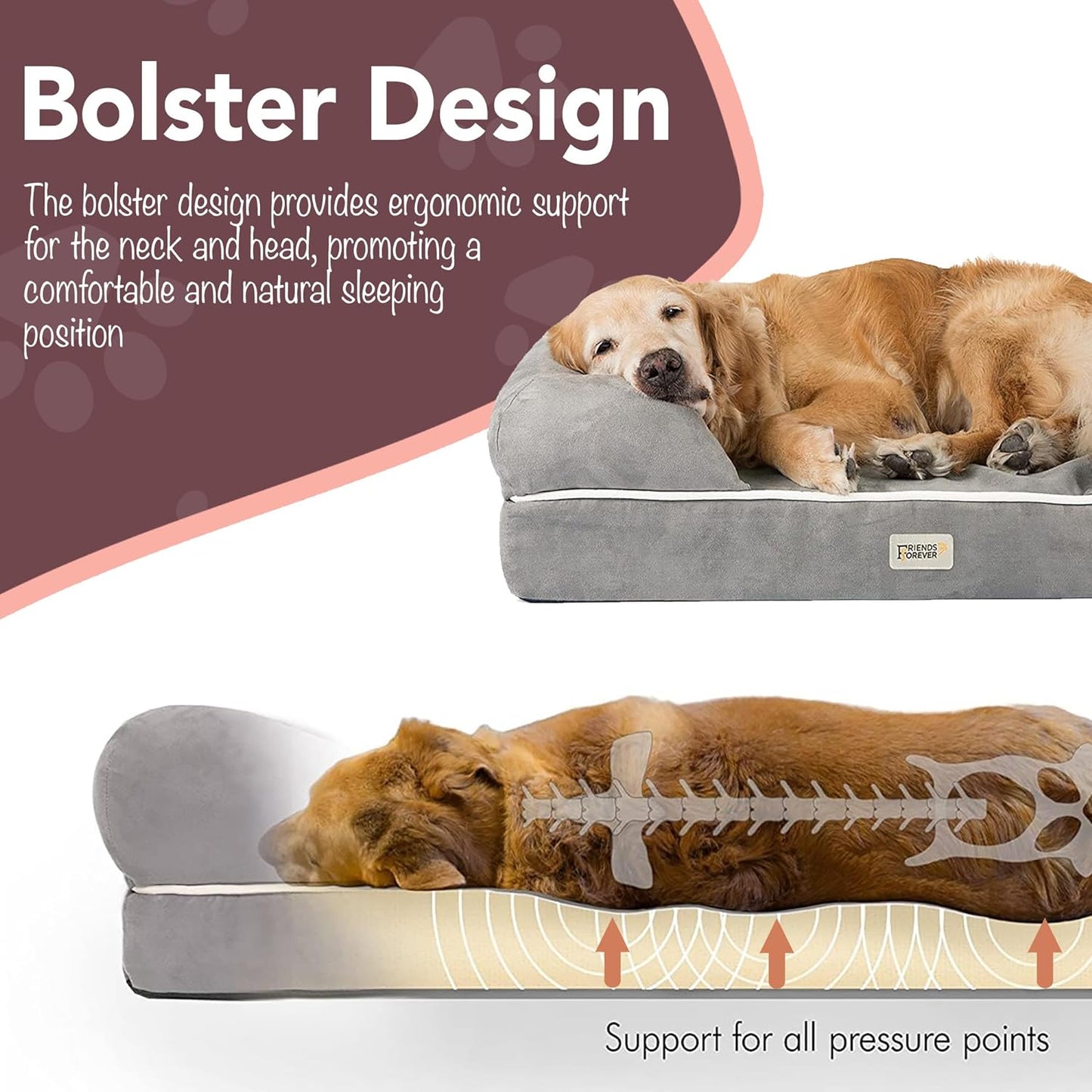 Chester Extra Large Orthopedic Memory Foam Dog Bed with Calming Couch Design, Wall Rim Pillow, Water-Resistant Liner, Washable Cover, and Non-Slip Bottom in Grey