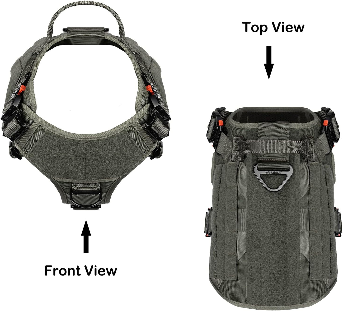 Tactical Dog Harness for Large Breeds - MOLLE K9 Vest with Four Metal Buckles, No-Pull Front Clip, Adjustable Handle, Green (Size L: 28"-35" Chest)