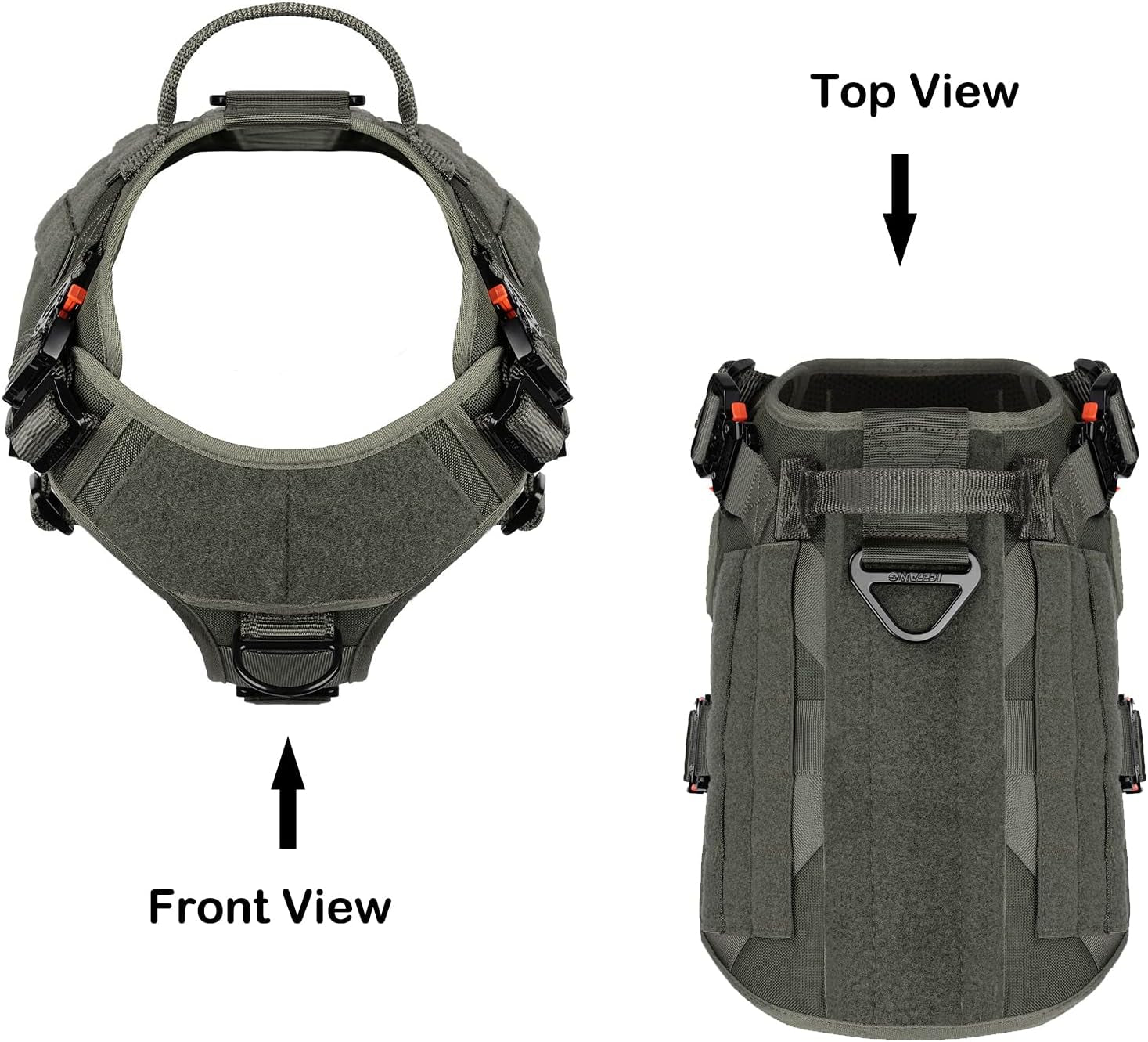 Tactical Dog Harness for Large Breeds - MOLLE K9 Vest with Four Metal Buckles, No-Pull Front Clip, Adjustable Handle, Green (Size L: 28"-35" Chest)
