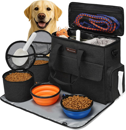 Professional Dog Travel Kit: Comprehensive Weekend Travel Bag with Organizer, Two Collapsible Bowls, and Two Food Containers (Black)