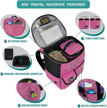Dog Travel Backpack - Airline Approved Pet Carrier with Diaper Bag Supplies, Camping and Hiking Accessories, Includes Food Container and Collapsible Bowls, Pink