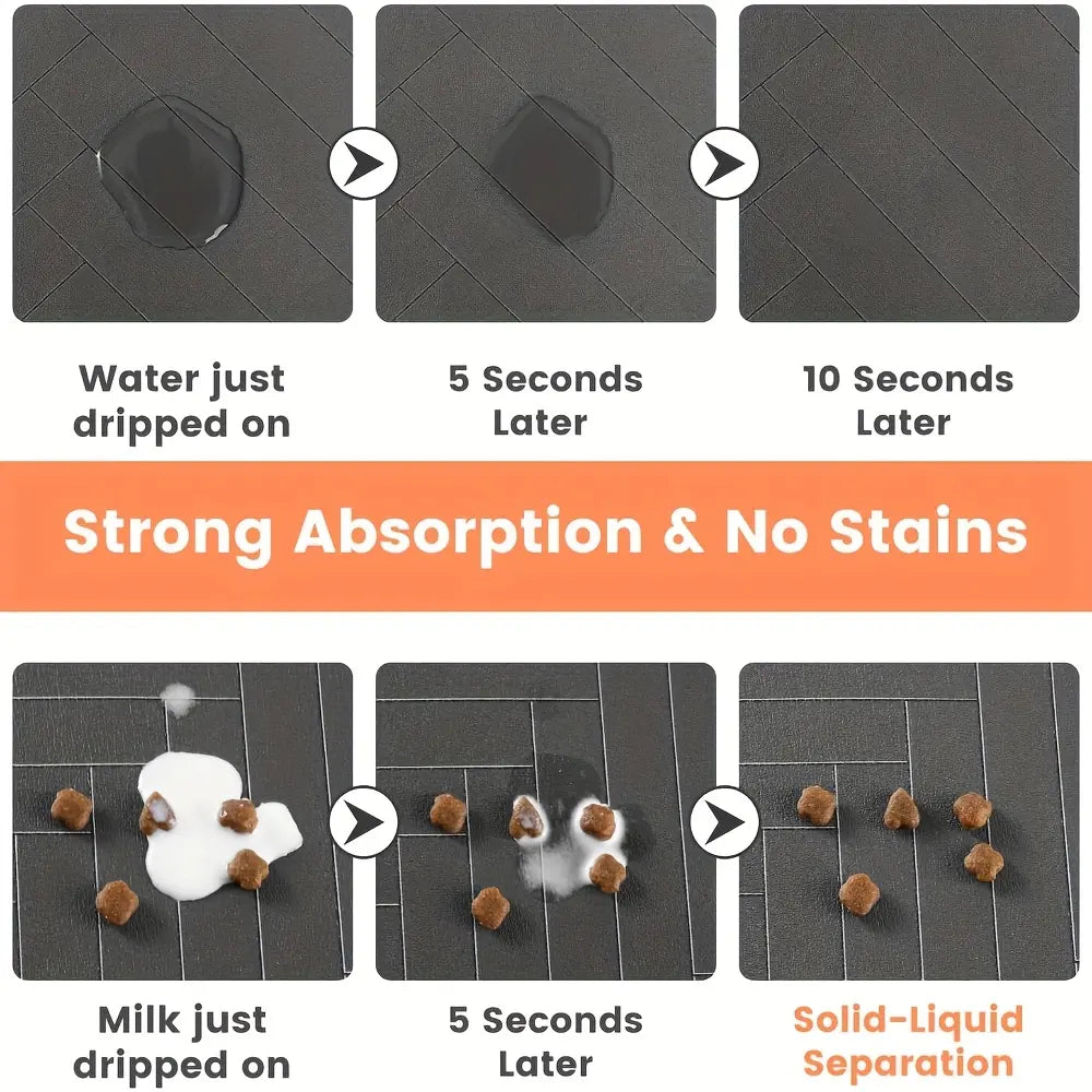 Quick-Drying Absorbent Pet Feeding Mat for Dogs and Cats with Non-Slip Rubber Base and Dark Polyester Surface for Indoor Use