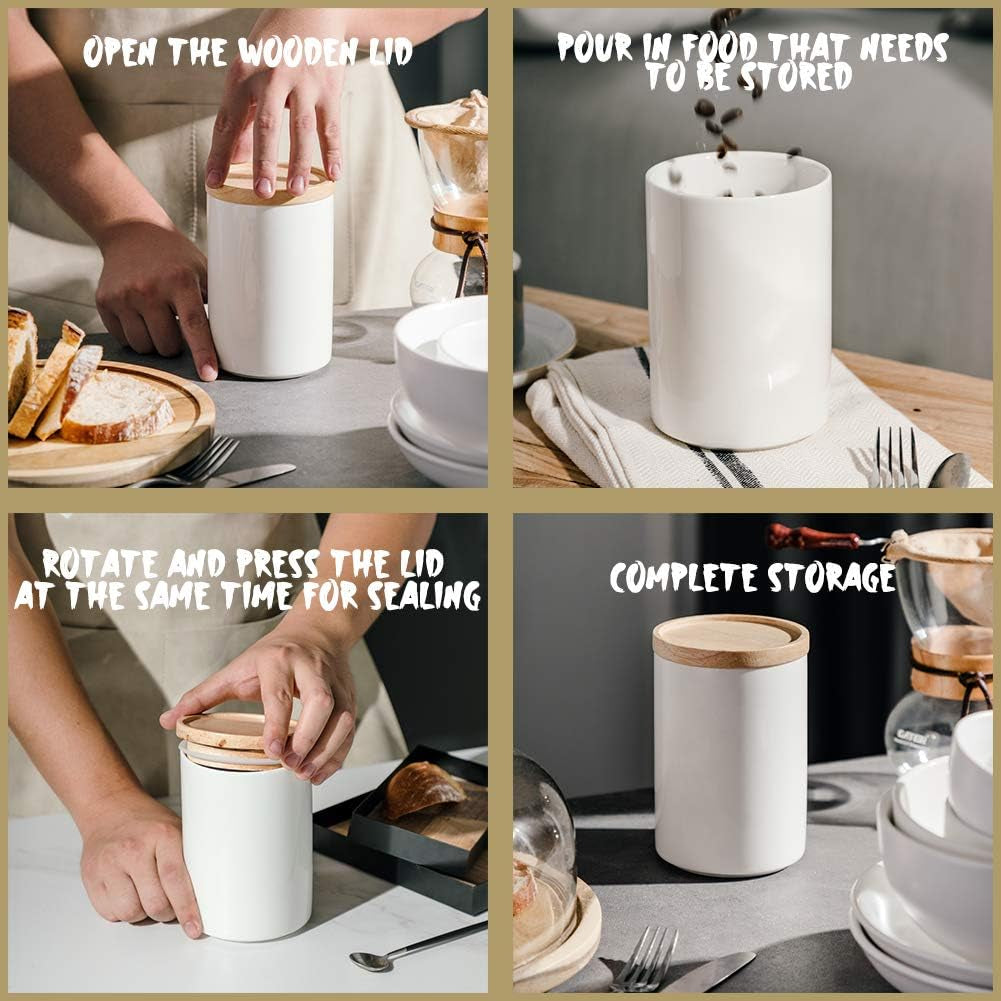 Ceramic Kitchen Canisters for Food Storage - Stackable Airtight Containers with Wooden Lids for Coffee Beans, Flour, Tea, Cookies, and More - 58 Fl Oz (Navy)