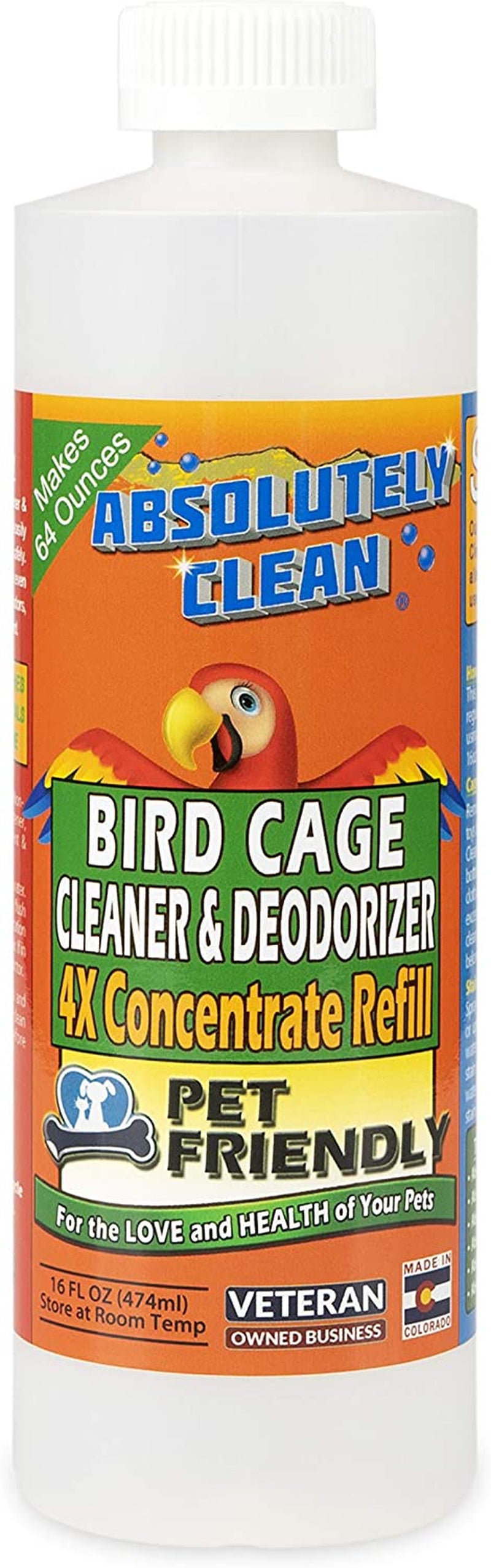 Premium Bird Cage Cleaner and Deodorizer - Effortless Spray and Wipe Application - Effectively Eliminates Bird Waste - Made in the USA - Fragrance-Free Formula (4X Concentrate - 16oz Yields 64oz)