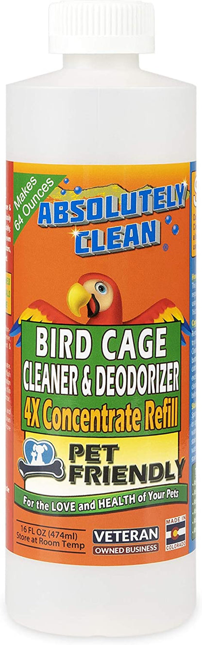 Premium Bird Cage Cleaner and Deodorizer - Effortless Spray and Wipe Application - Effectively Eliminates Bird Waste - Made in the USA - Fragrance-Free Formula (4X Concentrate - 16oz Yields 64oz)