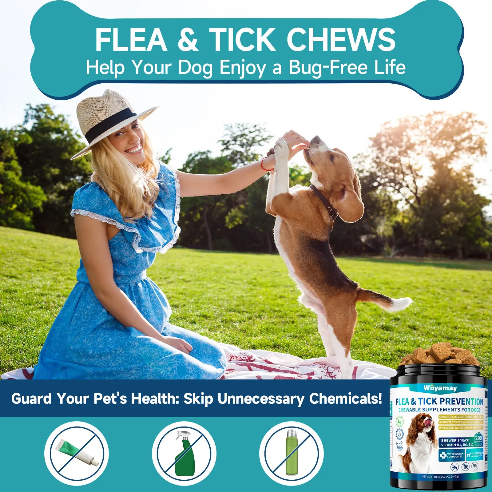 Woyamay Dog Flea and Tick Chews - 200 Count Omega-3 Enriched Natural Supplement for Daily Flea and Tick Support in Puppies of All Breeds and Sizes, Chicken Flavor