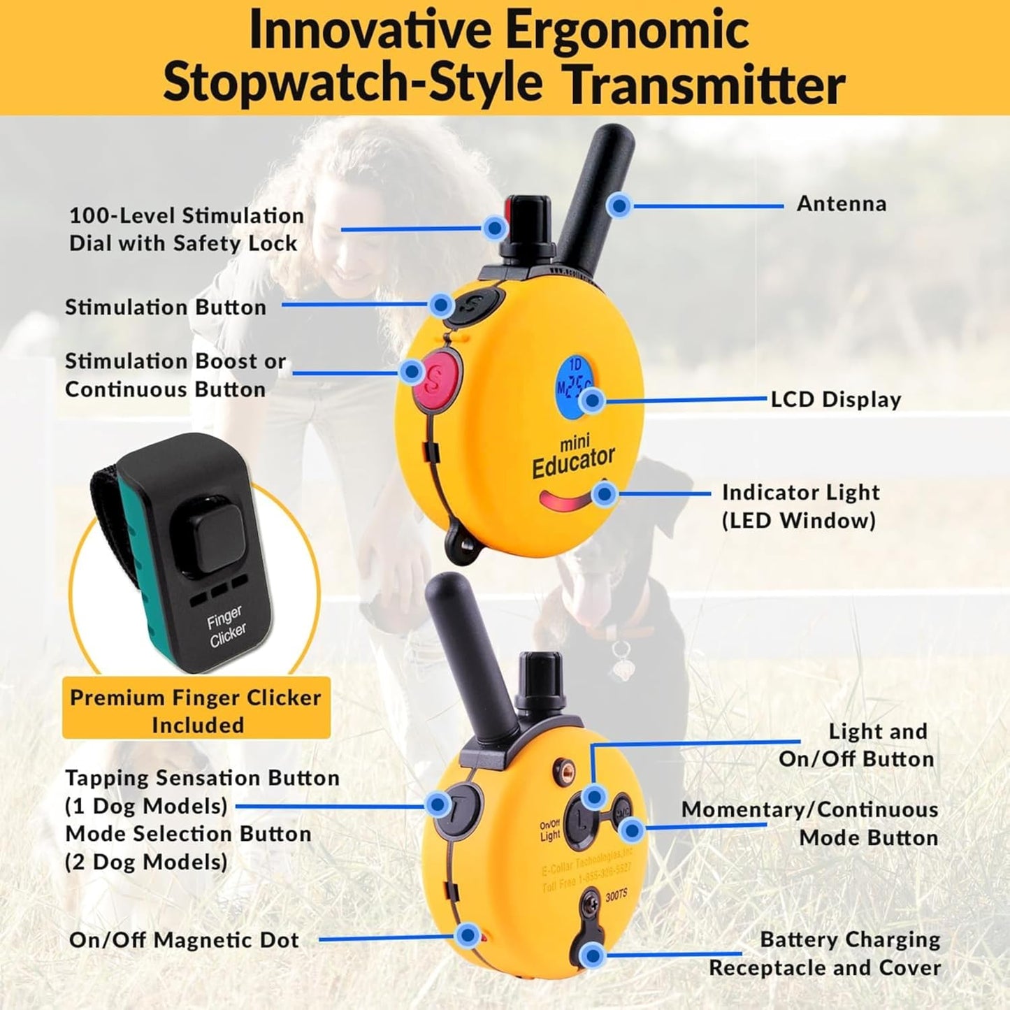 ET-300 Mini Remote Dog Training Collar - Waterproof with 1/2 Mile Range, Premium Clicker Trainer, 100 Stimulation Levels, Vibration, Light, and Sound Features for Small to Medium Dogs, Yellow