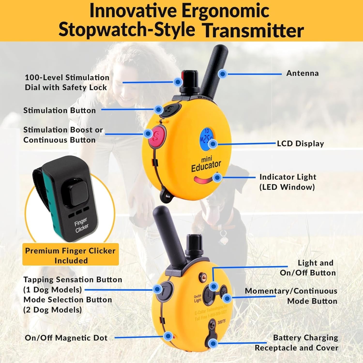 ET-300 Mini Remote Dog Training Collar - Waterproof with 1/2 Mile Range, Premium Clicker Trainer, 100 Stimulation Levels, Vibration, Light, and Sound Features for Small to Medium Dogs, Yellow