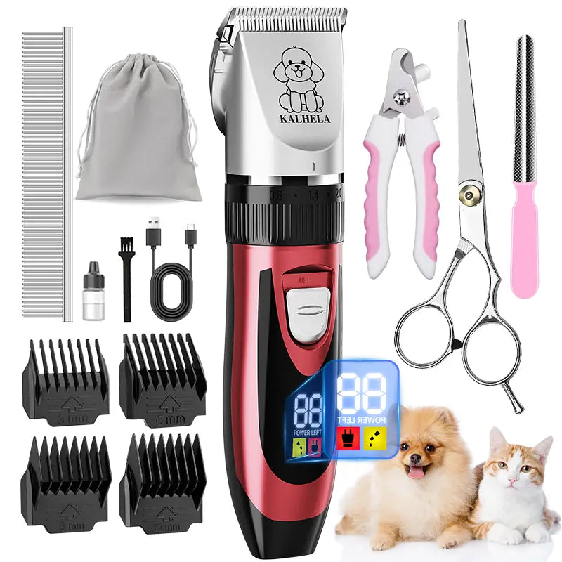 KALHELA Professional Dog Clippers with Low Noise Technology and LCD Digital Display - Rechargeable Cordless Grooming Kit for Small and Large Dogs and Cats