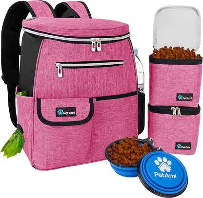 Dog Travel Backpack - Airline Approved Pet Carrier with Diaper Bag Supplies, Camping and Hiking Accessories, Includes Food Container and Collapsible Bowls, Pink