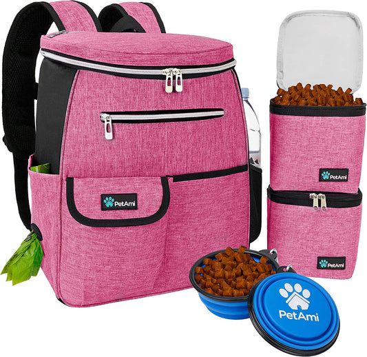 Dog Travel Backpack - Airline Approved Pet Carrier with Diaper Bag Supplies, Camping and Hiking Accessories, Includes Food Container and Collapsible Bowls, Pink